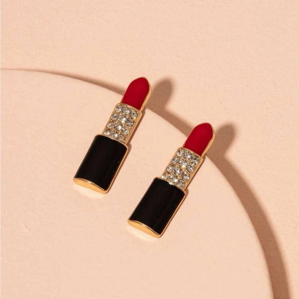 Red Lipstick Shaped Rhinestone Stud Earrings, Red Lipstick Earrings